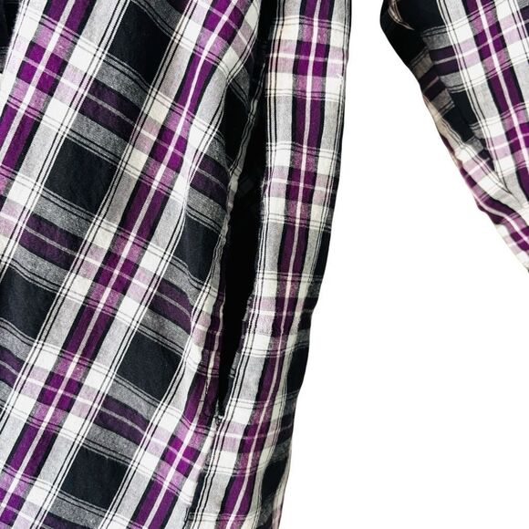 Tulip plaid cotton asymmetrical flounce back black purple white button up tunic - Picture 5 of 11